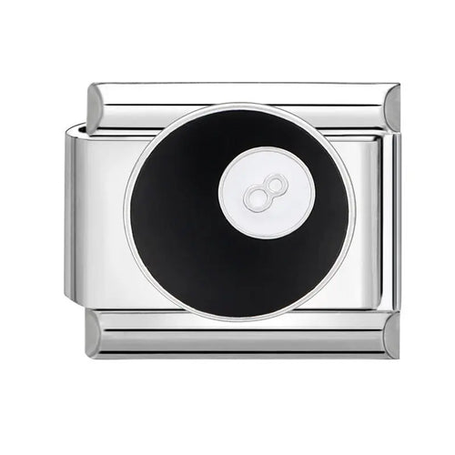 Charm boule 8 billard émail noir chiffre 8 blanc maillon acier inoxydable argenté bracelet charm italien