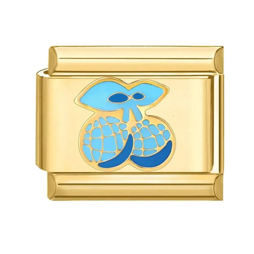 Charm cerises bleues émail bleu clair et bleu nuit sur maillon doré, acier inoxydable, bracelet charm italien
