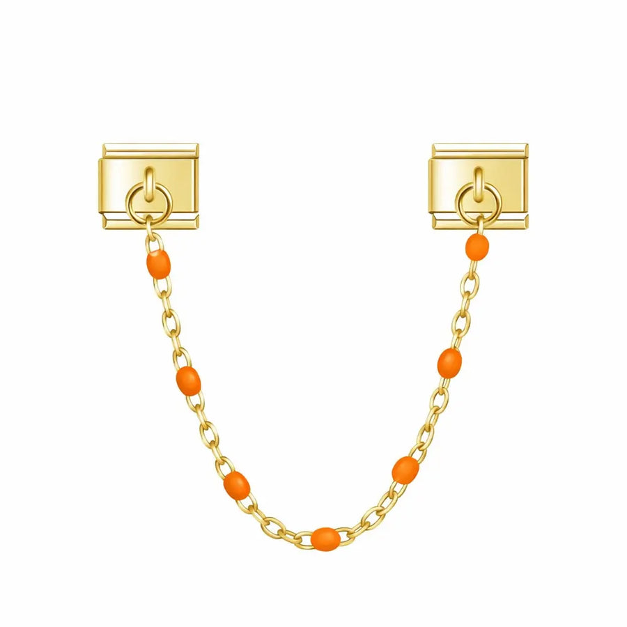 Charm pendentif deux maillons dorés reliés par une chaîne dorée avec perles émaillées orange, acier inoxydable, bracelet charm italien