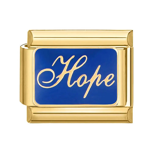 Charm Hope maillon doré émail bleu royal inscription cursive Hope acier inoxydable bracelet charm italien