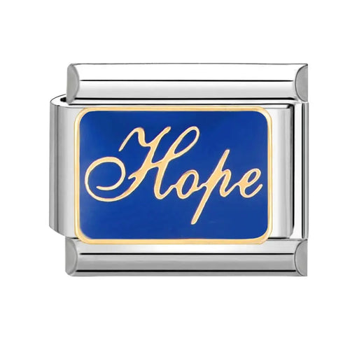 Charm Hope écriture cursive dorée sur fond bleu marine émaillé, maillon en acier inoxydable, bracelet charm italien