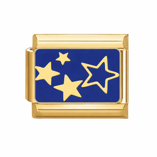 Charm plat acier inoxydable doré émail bleu marine avec étoiles dorées, bracelet charm italien