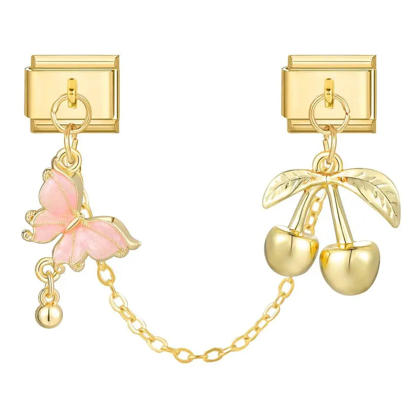 Charms chaines papillons et cerises dorées Le charm italien