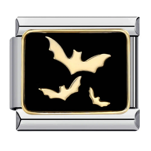 Trois chauves-souris dorées sur fond noir laqué, charm maillon acier inoxydable, bracelet charm italien