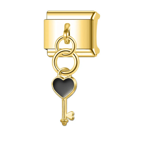 Charm pendentif clé dorée avec coeur en émail noir, acier inoxydable, bracelet charm italien