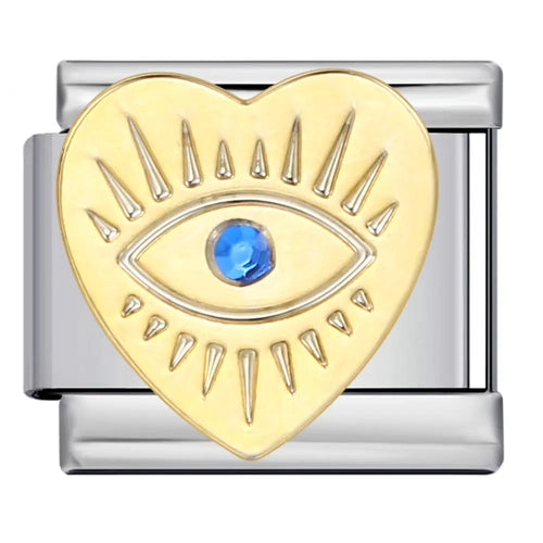 Charm cœur doré gravé d'un œil porte-bonheur à pierre bleue, en acier inoxydable, pour bracelet charm italien