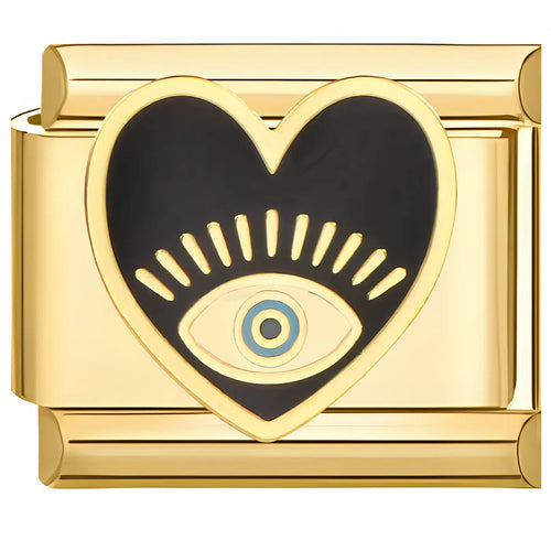 Charm cœur noir mystique en acier inoxydable doré, émail noir orné d'un œil protecteur bleu et blanc, pour bracelet charm italien.