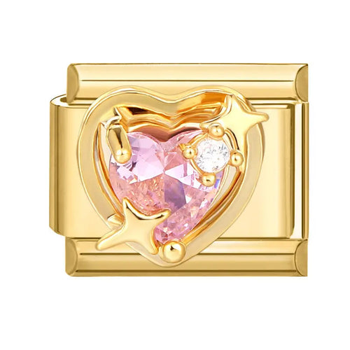 Charm coeur rose zircon rose et blanc contour doré étoile acier inoxydable bracelet charm italien