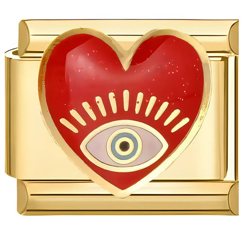 Charm cœur rouge mystique en émail rouge avec œil protecteur doré, acier inoxydable, bracelet charm italien