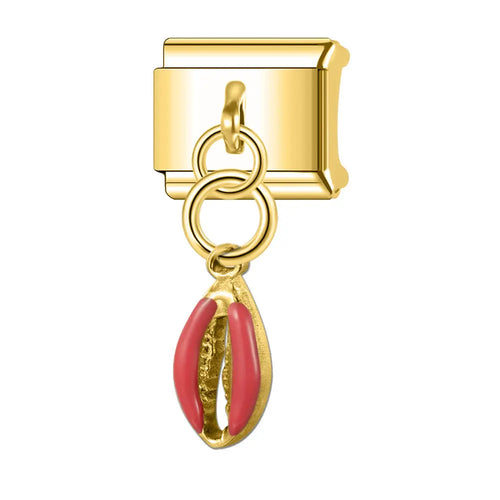 Charm pendentif coquillage cauri en émail rose et acier inoxydable doré, bracelet charm italien