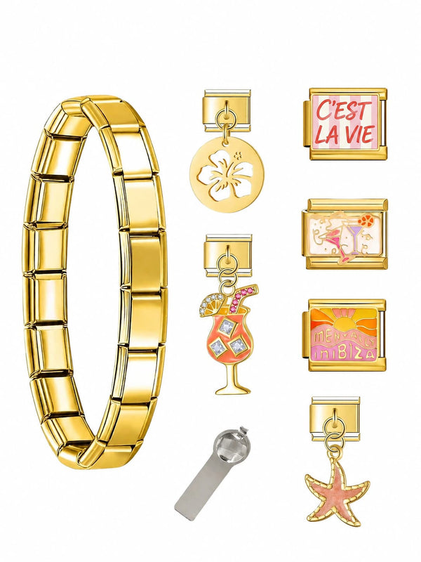 Bracelet Sex on the Beach : bracelet charm italien doré en acier inoxydable avec charms estivaux