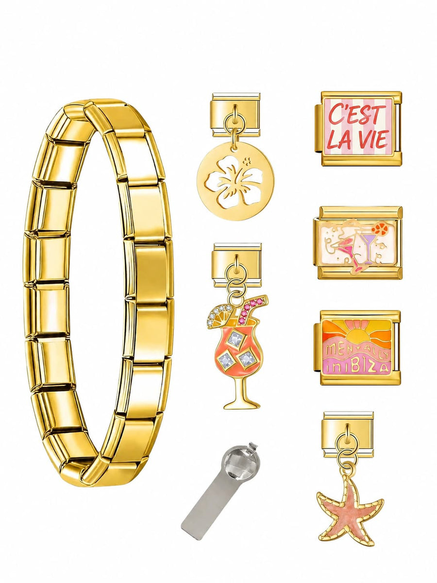 Bracelet Sex on the Beach : bracelet charm italien doré en acier inoxydable avec charms estivaux