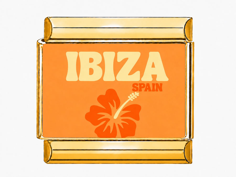 Charm maillon doré motif Ibiza sur fond orange, acier inoxydable, bracelet charm italien
