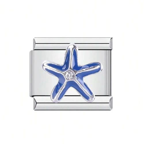 Charm étoile de mer bleue émaillée avec strass central sur maillon acier inoxydable argenté, bracelet charm italien
