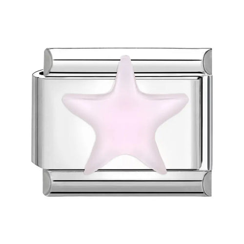 Charm étoile de mer rose pâle nacrée sur maillon rectangulaire argenté en acier inoxydable, bracelet charm italien
