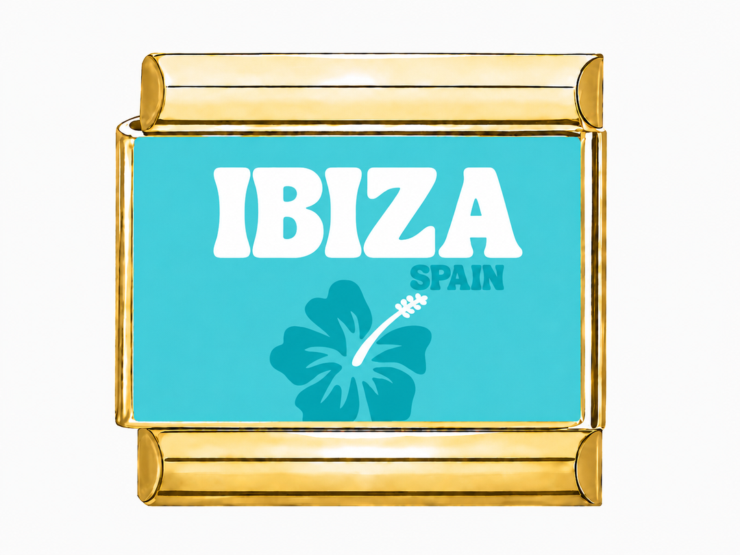 Charm maillon doré motif Ibiza sur fond turquoise, acier inoxydable, bracelet charm italien