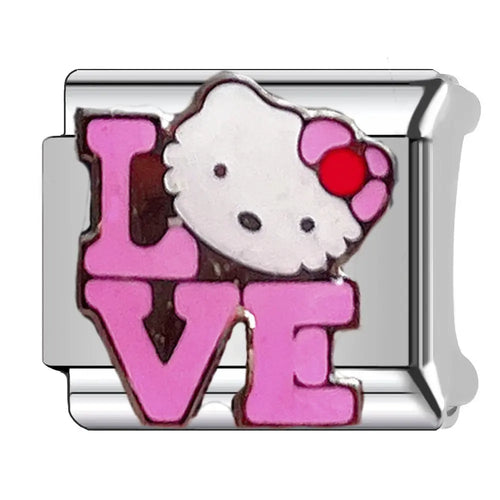 Charm Hello Kitty Love émaillé rose et blanc sur maillon acier inoxydable, bracelet charm italien
