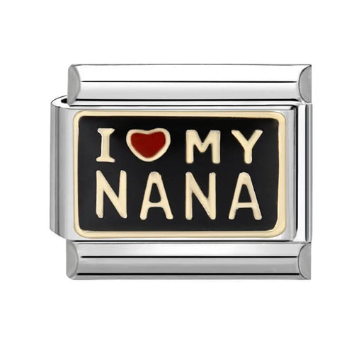 Charm I Love My Nana, maillon en acier inoxydable fond noir laqué avec lettres crème et cœur rouge, bracelet charm italien