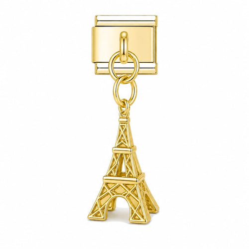 Pendentif Tour Eiffel dorée suspendu sous un maillon, acier inoxydable, bracelet charm italien