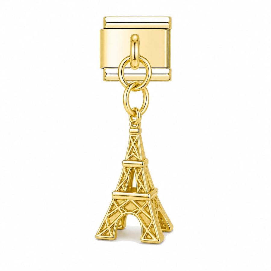 Pendentif Tour Eiffel dorée suspendu sous un maillon, acier inoxydable, bracelet charm italien