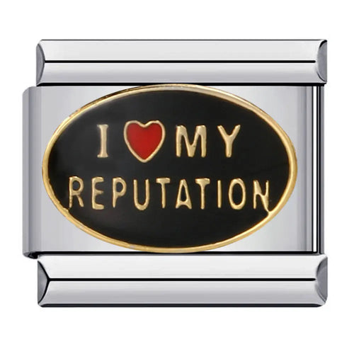 Charm maillon acier inoxydable émail noir inscription dorée I Love My Reputation cœur rouge bracelet charm italien