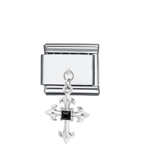 Charm pendentif croix gothique argentée avec pierre noire, extrémités fleur de lys, acier inoxydable, bracelet charm italien