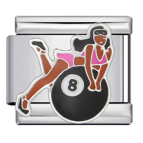 Charm reine du billard émail rose et noir, silhouette féminine sur boule numéro 8, acier inoxydable, bracelet charm italien