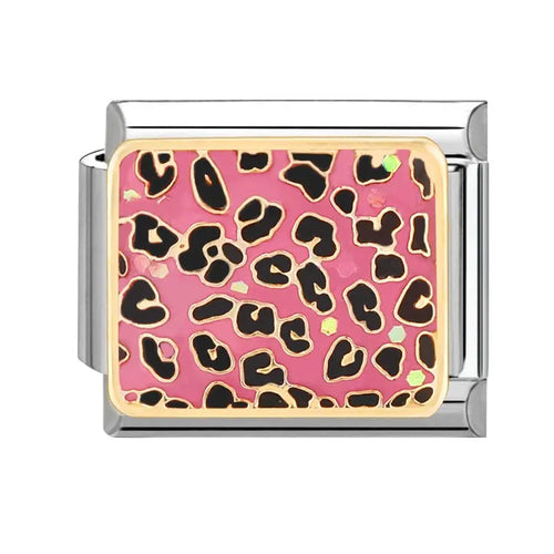 Charm léopard rose émail rose vif et taches noires dorées sur maillon rectangulaire en acier inoxydable, bracelet charm italien