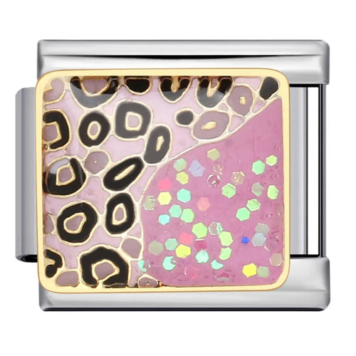 Charm motif léopard noir et or sur rose poudré avec zone à paillettes irisées, en acier inoxydable, pour bracelet charm italien