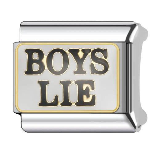 Charm Boys Lie acier inoxydable émail blanc lettres noires contour doré bracelet charm italien