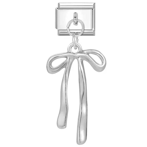 Charm pendentif noeud cadeau argenté brillant, deux boucles et longs rubans, en acier inoxydable, suspendu à un bracelet charm italien