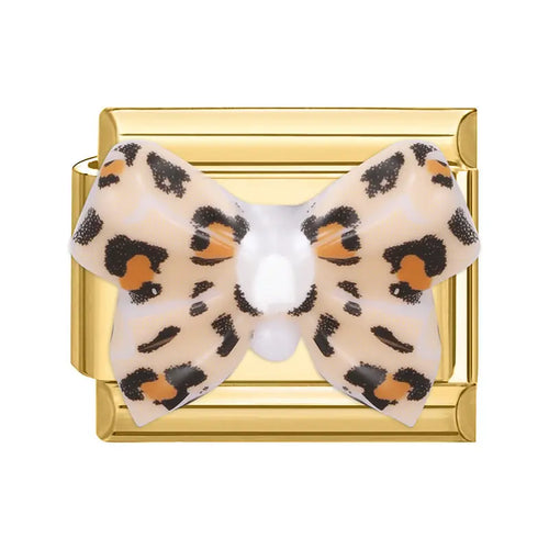 Charm maillon doré en acier inoxydable avec nœud papillon émail léopard crème et noir, bracelet charm italien