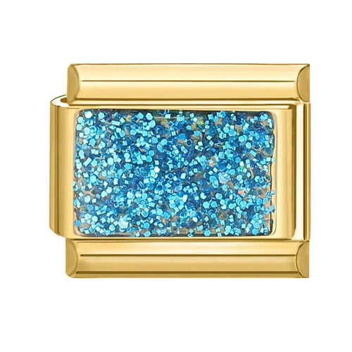 Charm rectangulaire à paillettes bleues scintillantes dans un maillon doré, en acier inoxydable, pour bracelet charm italien