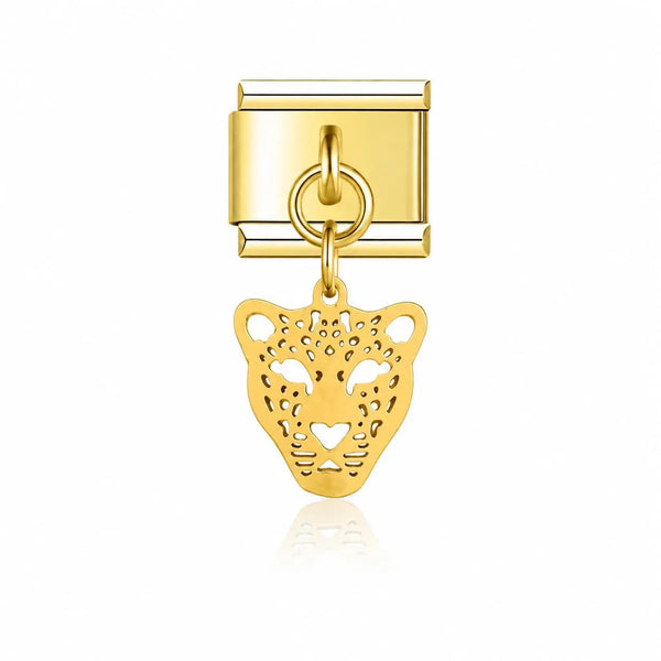 Charm pendentif tête de léopard ajourée dorée en acier inoxydable, suspendue par un anneau sur maillon doré, bracelet charm italien