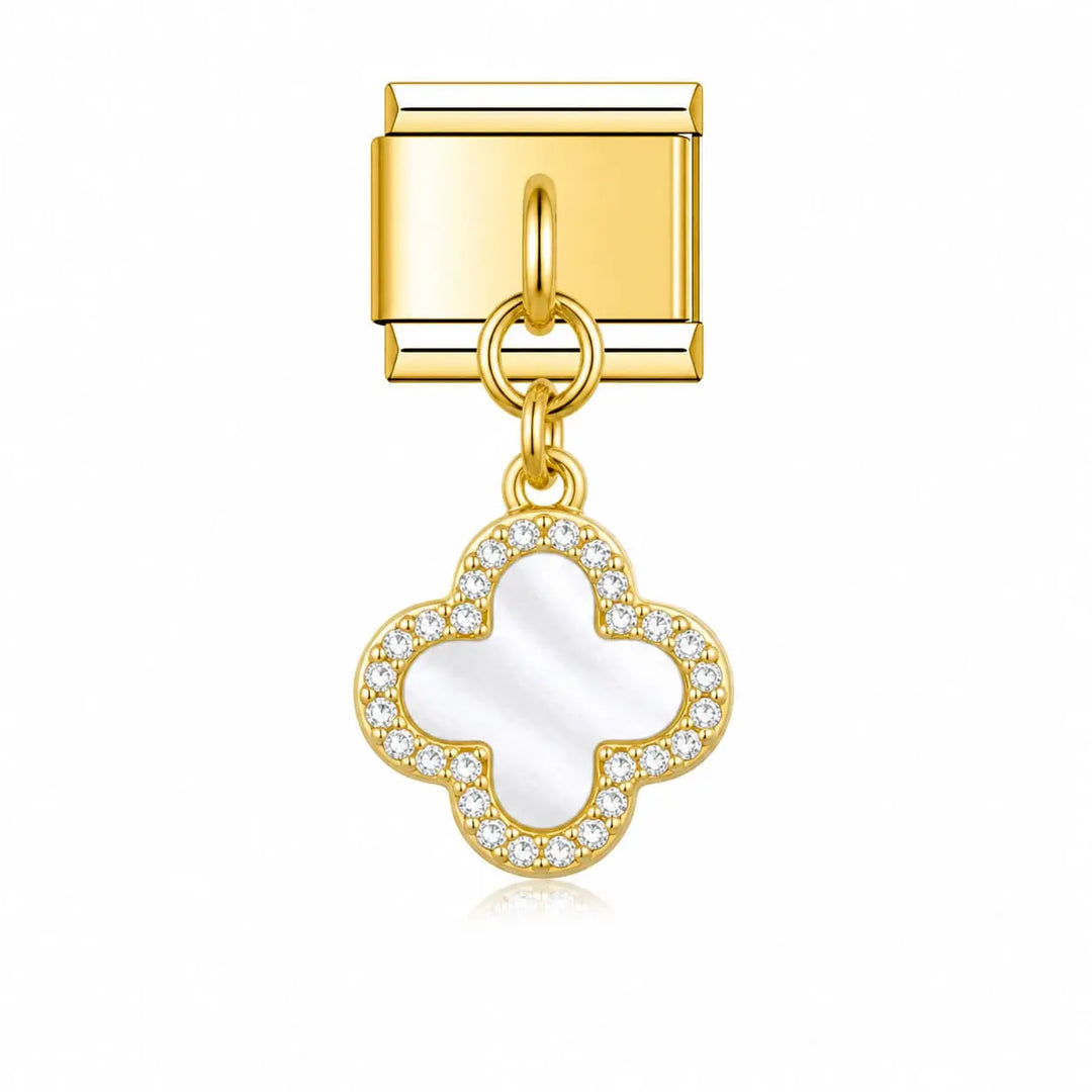 Charm pendentif trèfle blanc nacré serti de strass, monture acier inoxydable doré, bracelet charm italien