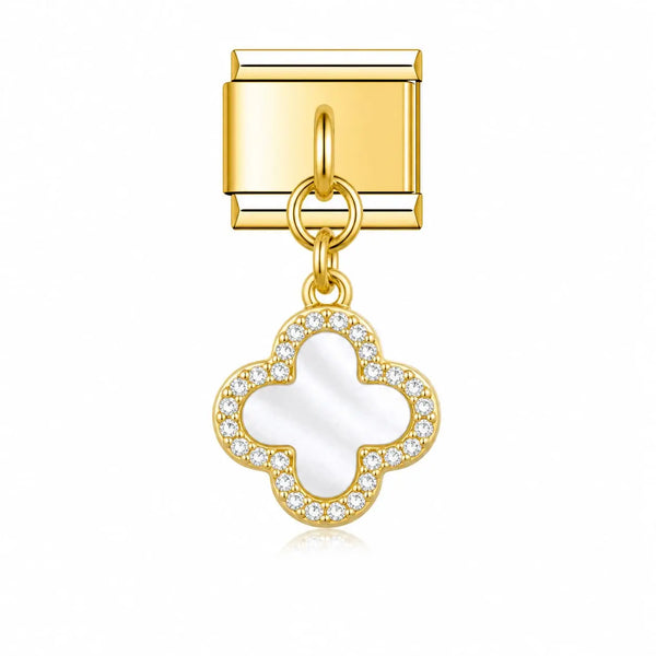Charm pendentif trèfle blanc nacré serti de strass, monture acier inoxydable doré, bracelet charm italien