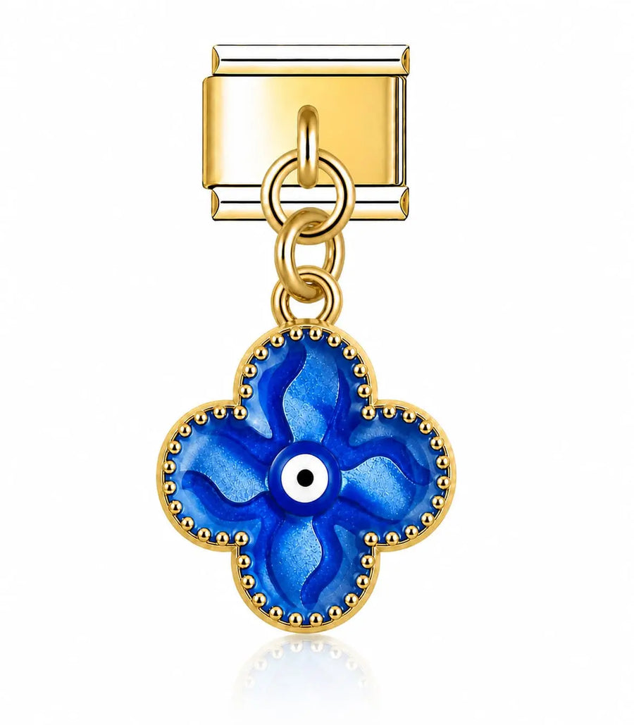 Charm pendentif trèfle quatre pétales émail bleu roi avec œil nazar, bordure dorée perlée, acier inoxydable, bracelet charm italien
