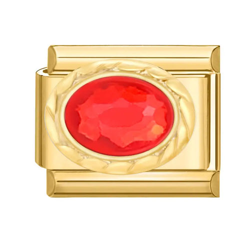 Charm maillon carré doré avec pierre ovale rouge facettée et cadre torsadé, acier inoxydable, bracelet charm italien