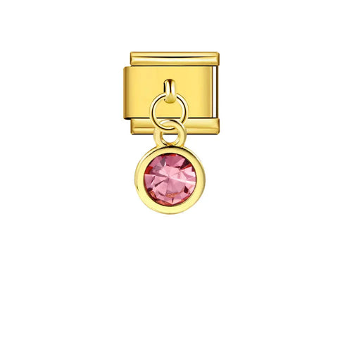 Charm pendentif médaillon rond pierre rose facettée sur maillon doré, acier inoxydable, bracelet charm italien