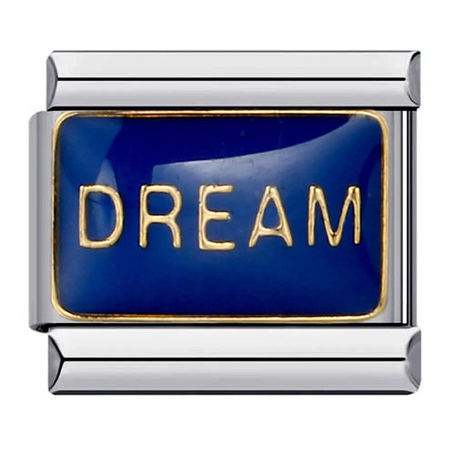 Charm plat maillon acier inoxydable émail bleu nuit inscription DREAM dorée bracelet charm italien