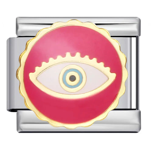 Charm oeil protecteur rose fuchsia contour doré dentelé en acier inoxydable pour bracelet charm italien