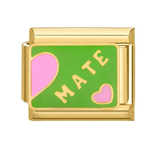 Charm Mate maillon doré émail vert avec lettres MATE et coeurs roses en acier inoxydable pour bracelet charm italien