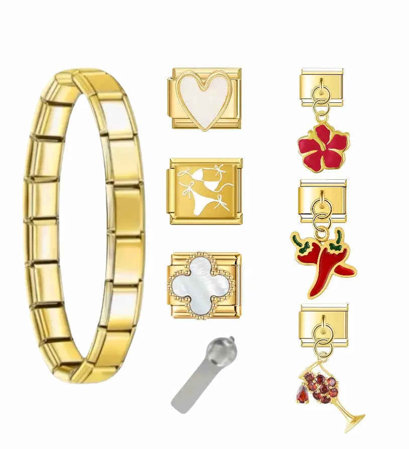 Bracelet charm Hot Girl en acier inoxydable doré avec charms cœur blanc, hibiscus rouge, piment, bikini et verre à cocktail — bracelet charm italien