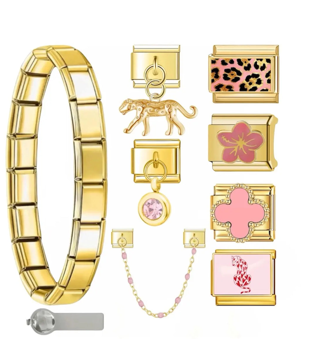 Bracelet charm Leopard Girly en acier inoxydable doré avec charms léopard rose, fleur rose, trèfle rose et pendentif cristal — bracelet charm italien