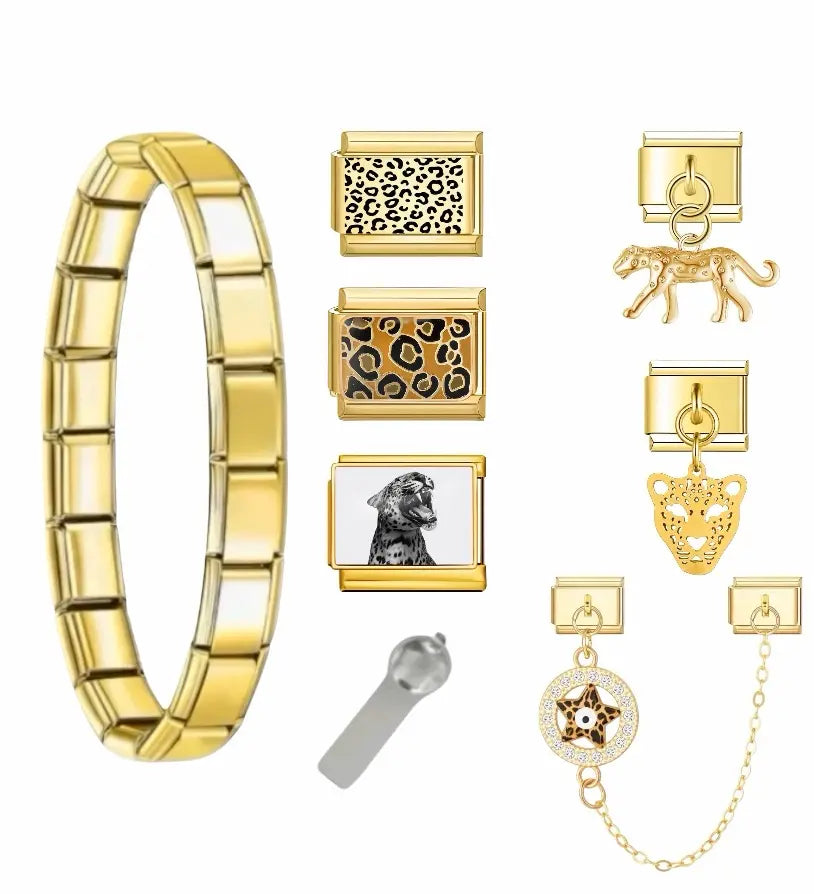 Bracelet charm Léopard Sauvage en acier inoxydable doré avec charms imprimé léopard, silhouette félin, tête de léopard ajourée et charm étoile strass – bracelet charm italien