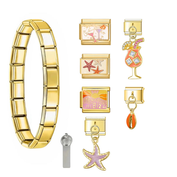 Pack Kiss on the Beach offert : bracelet doré acier inoxydable avec 6 charms plage — cocktails, étoiles de mer, Mentally in Ibiza, coquillage — bracelet charm italien