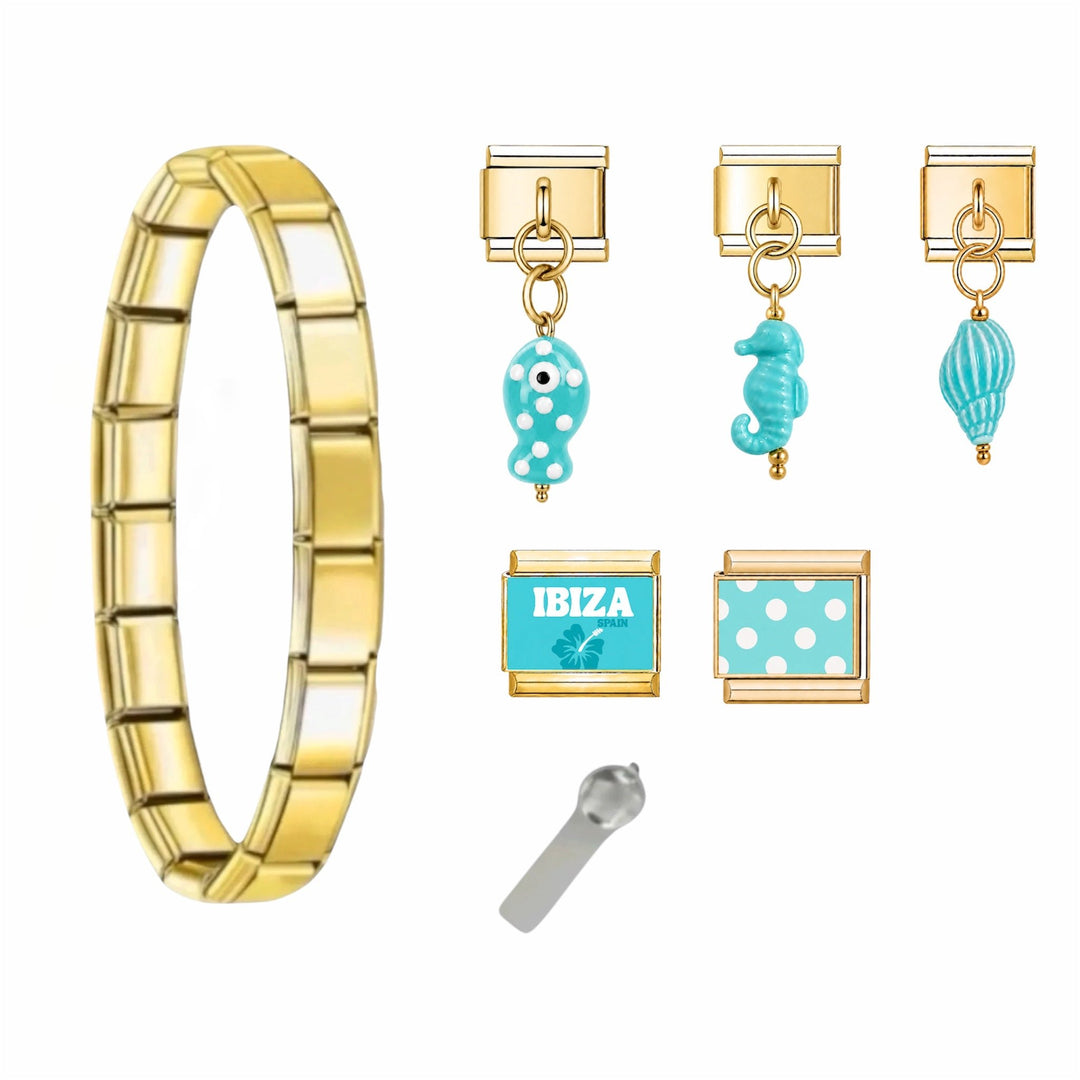 Bracelet Azure Ibiza et ruban satin bleu assorti, pack bracelet charm italien