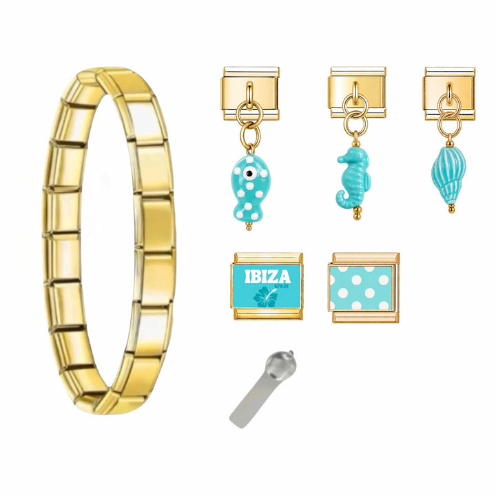 Bracelet Azure Ibiza et ruban satin bleu assorti, pack bracelet charm italien