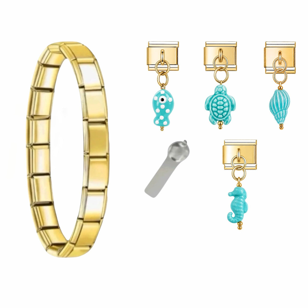 Bracelet Blue Lagoon et ruban satin bleu assorti, pack bracelet charm italien