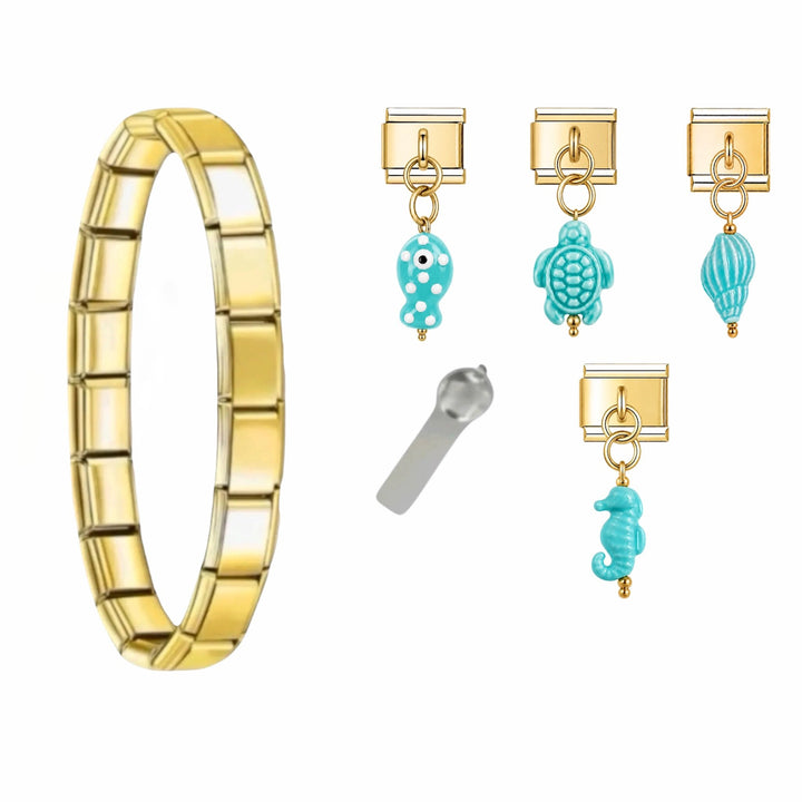 Bracelet Blue Lagoon et ruban satin bleu assorti, pack bracelet charm italien